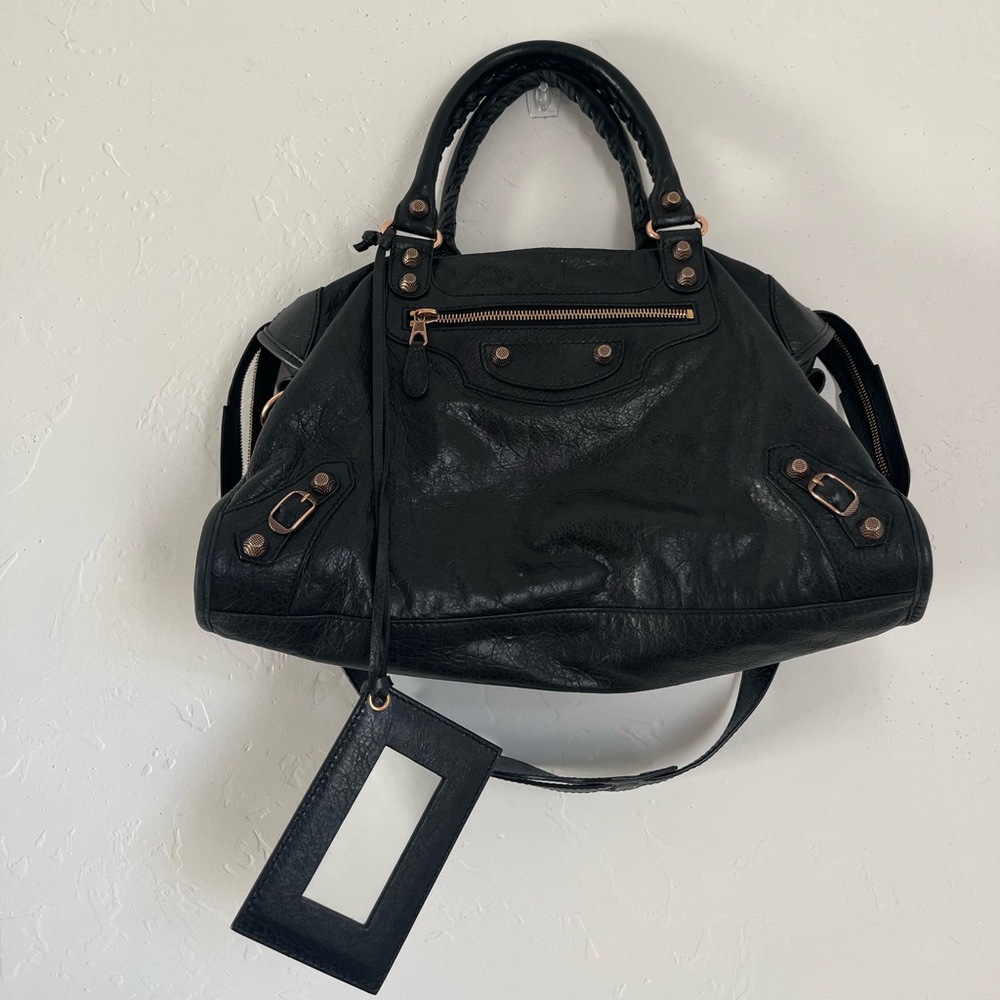 BALENCIAGA Agneau Giant 12 City Bag Rose Gold Hardware Town Black Leather